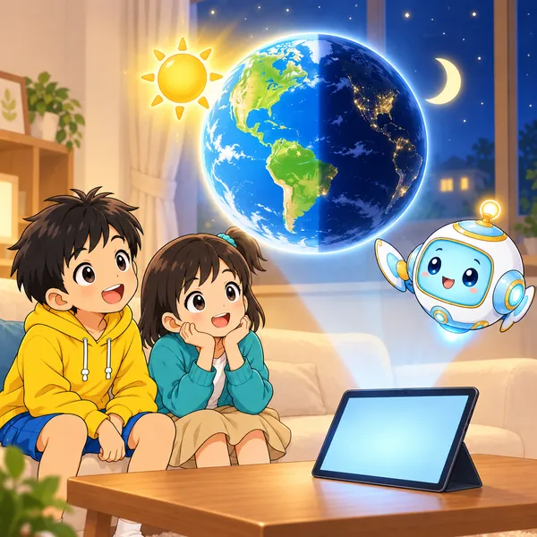 AIロボットが、半分が昼で半分が夜の地球の絵をうかべて説明している。