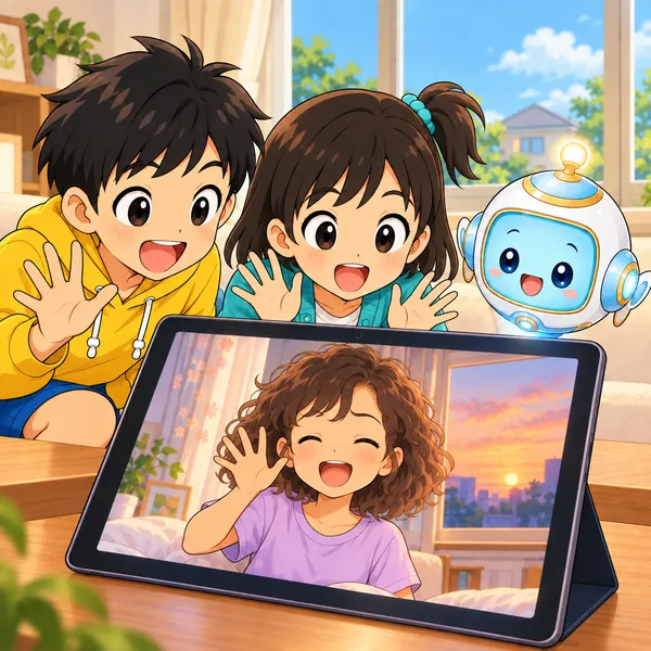 昼のミオの家で、ミオが画面の中の元気ないとこと笑顔で手をふり合っている。