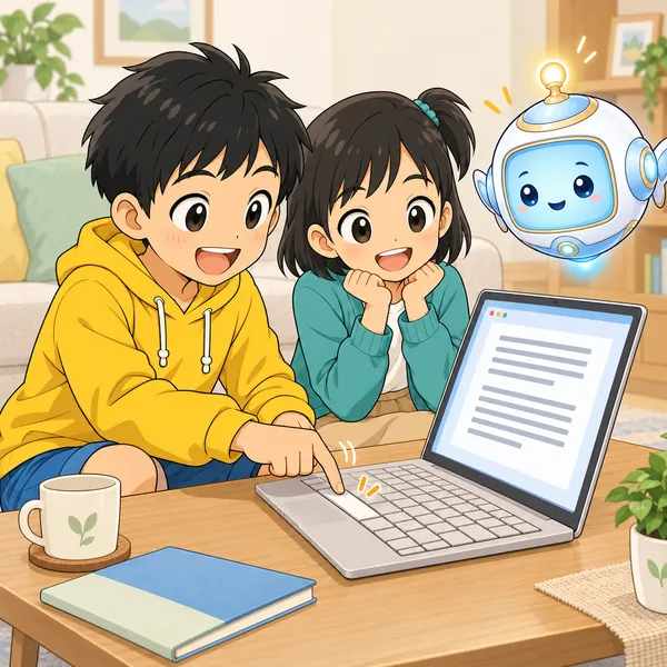 リビングで、ハルとミオがパソコンでお知らせの文章を作り、ハルがスペースキーを何回も押している。