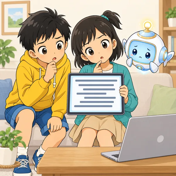 ミオのタブレットで開くと、段落の頭がばらばらにずれていて、2人が首をかしげている。