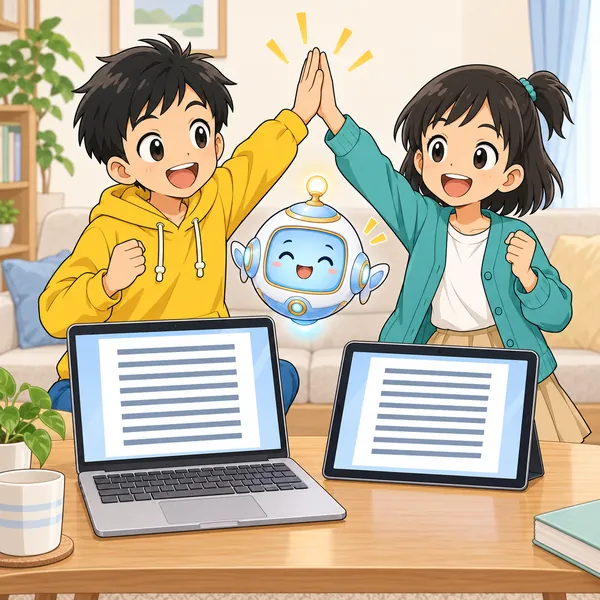 パソコンとタブレットの両方で段落の頭がそろい、ハルとミオがハイタッチしている。