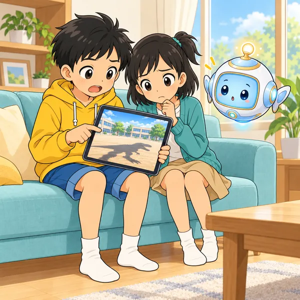 ミオが画面をのぞきこみ、小さい子がこわがるかもと心配している。