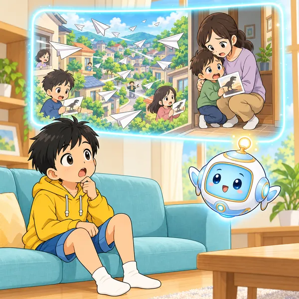 AIロボットが、飛んでいった紙ひこうきを受け取った子がこわがる絵を見せている。
