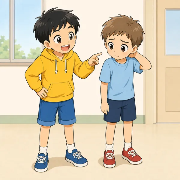ハルが笑いながら、となりの別の小学生の友だちを強い言葉でからかっている