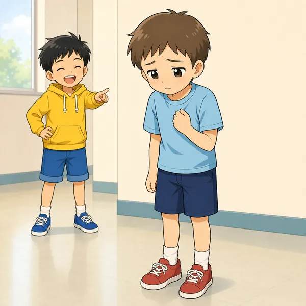 からかわれた友だちは、まったく笑えず、傷ついてつらそうな表情をしている