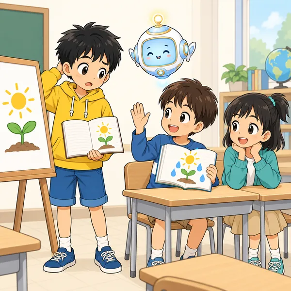 発表の場面。ハルの内容に対して、クラスの子が「別のことが書いてあった」と手を上げている