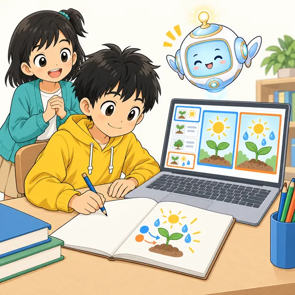 ハルが上位と下のほうのページを並べて見比べ、ノートにまとめ直している