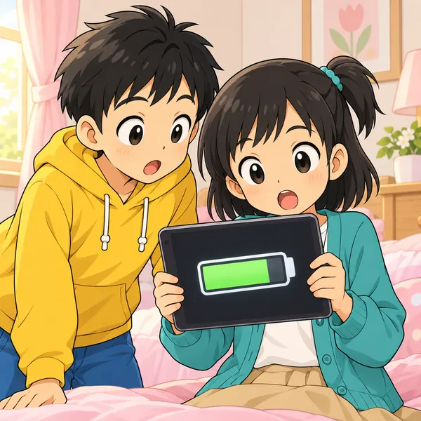 朝、満タンになっていない電池の記号を見て、ミオとハルがおどろいている。