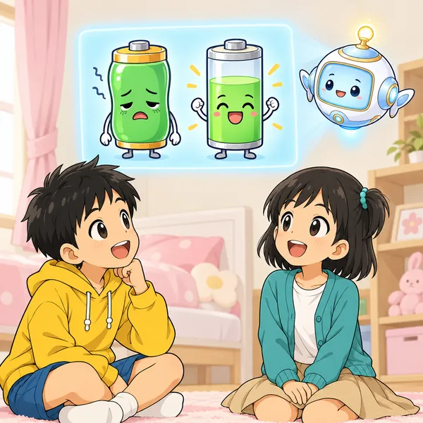 AIロボットが、満タンでつかれた電池と、余裕のある元気な電池の絵を見せている。