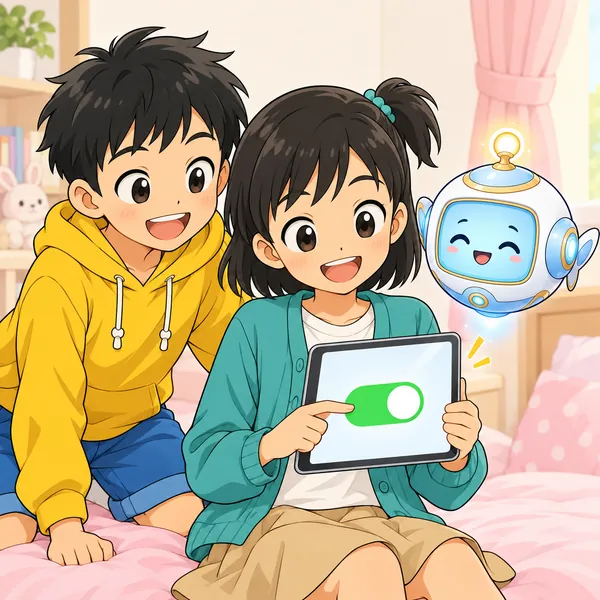 ミオがタブレットの設定を見て、にっこりしている。