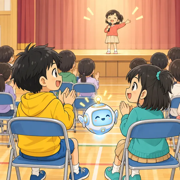 体育館の発表会。ステージの上で発表している子に、みんなの視線と拍手が集まっている