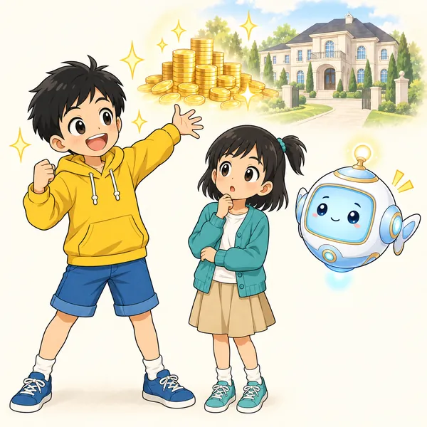 ハルが、しょうらいはお金持ちになりたいと話している