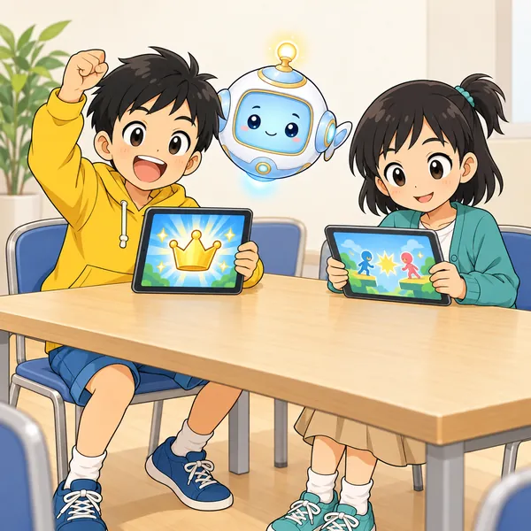 集会室で、ハルが対戦に勝ってガッツポーズをしている。ミオもタブレットを持っている。