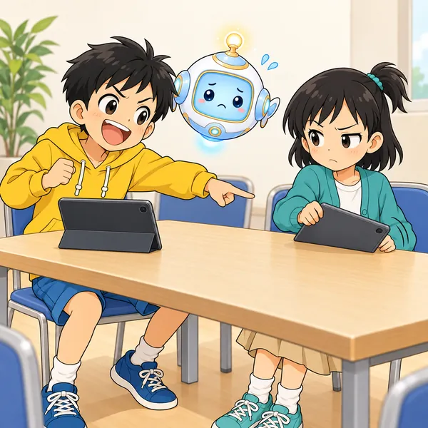 得意そうに笑うハルの横で、ミオがむっとしてタブレットをふせている。