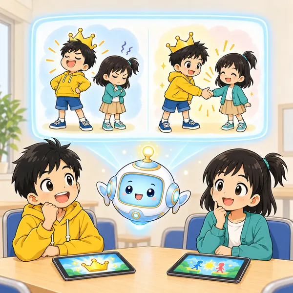 AIロボットが、自慢する子と、手をさし出して握手する子の2つの絵を見せている。