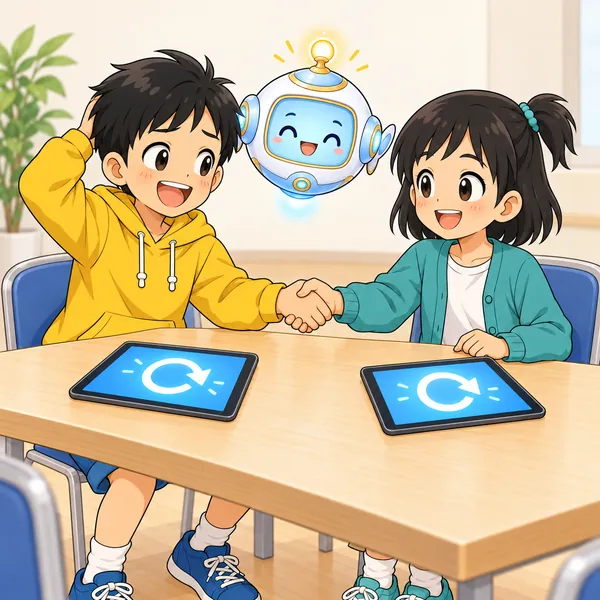 ハルがミオに手をさし出し、ミオが笑ってその手をにぎっている。