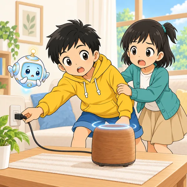 コードをぬこうとするハルのうでを、ミオがあわてて止めている。