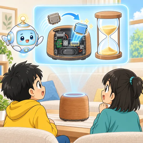 AIロボットが、スピーカーの中の部品が入れかわる絵と砂時計を窓に見せている。