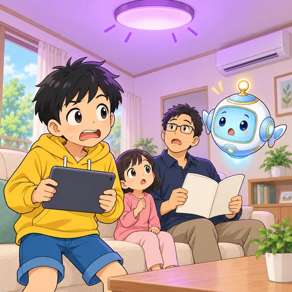 リビングの電気がむらさき色に変わり、本を読んでいたお父さんがびっくりしている。