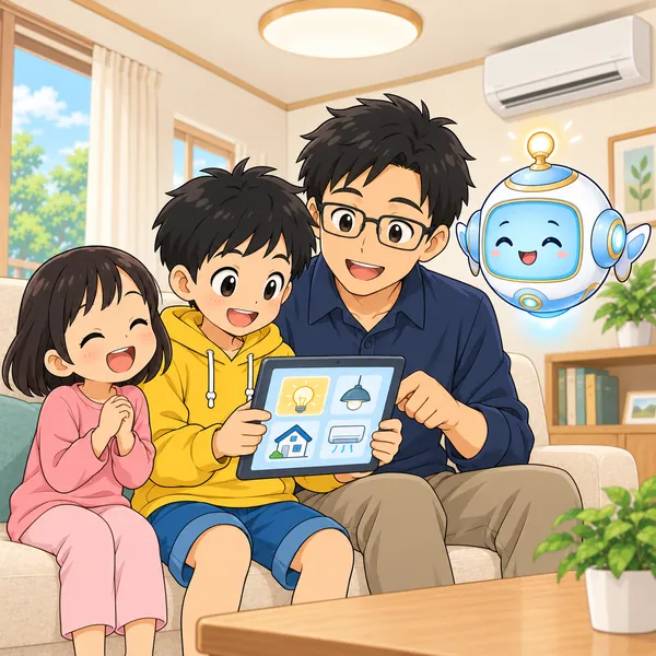 ハルがお父さんのとなりで、タブレットの使い方を教えてもらっている。