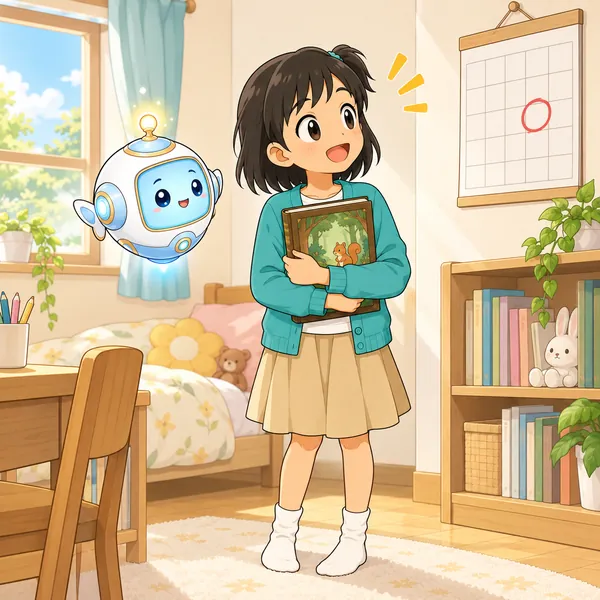 ミオがカレンダーの丸印を見ながら、図書館の本をかかえている。