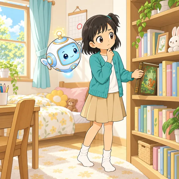 ミオが本を本だなにもどしかけて迷っている。