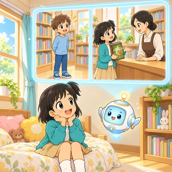 AIロボットが、次の子が本を待つ絵と延長をたのむ絵を見せている。