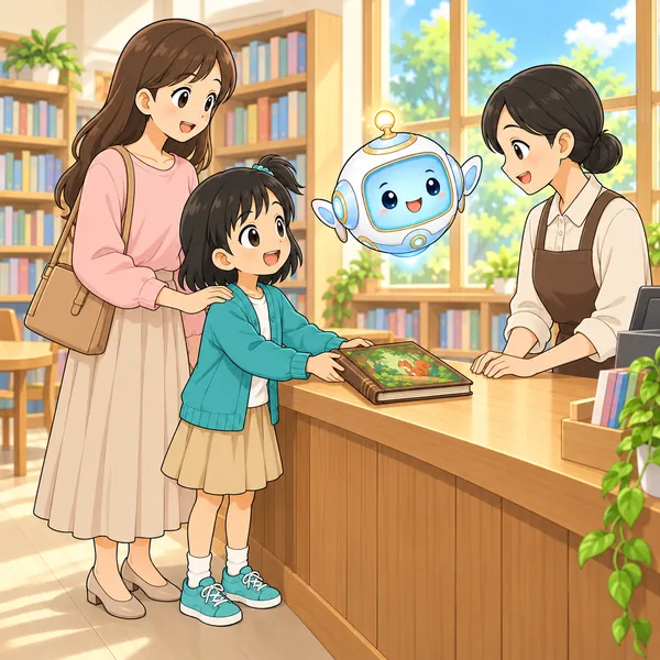 図書館のカウンターで、ミオと母が本を出している。