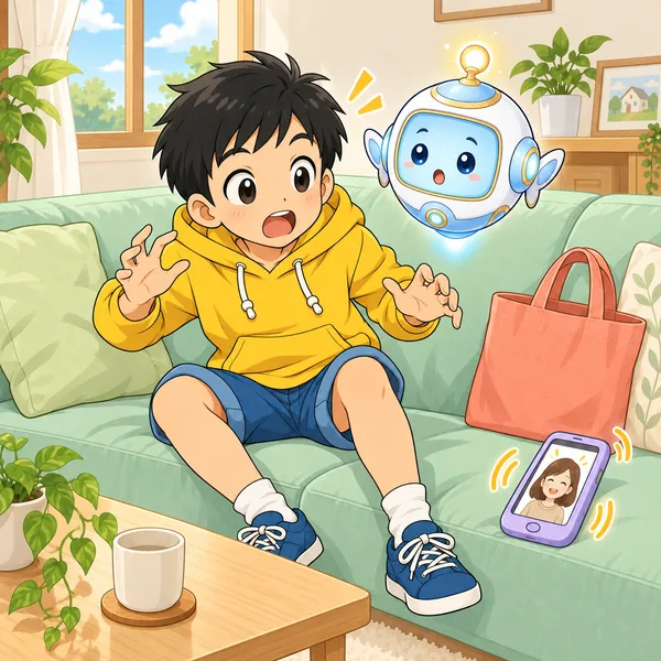ソファーの上の電話にお母さんから連絡が来て、ハルがあわてて起きている。