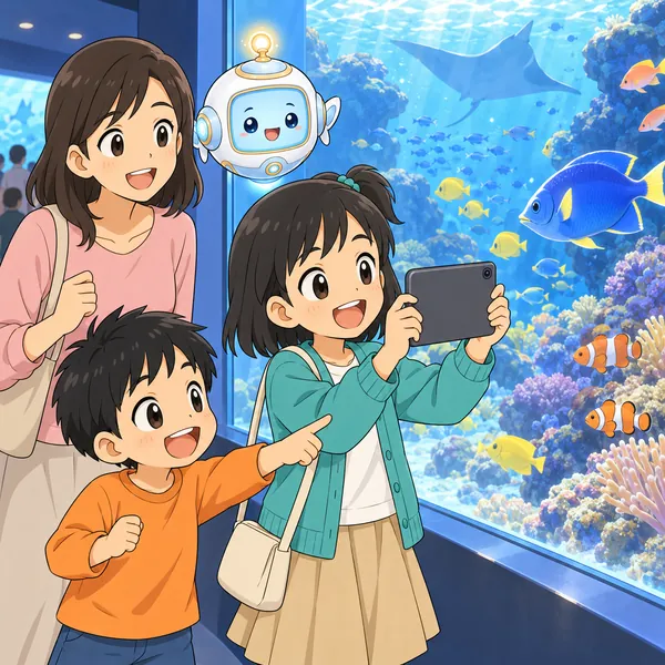 水族館で、ミオが写真を撮り、弟が魚を指さしている。