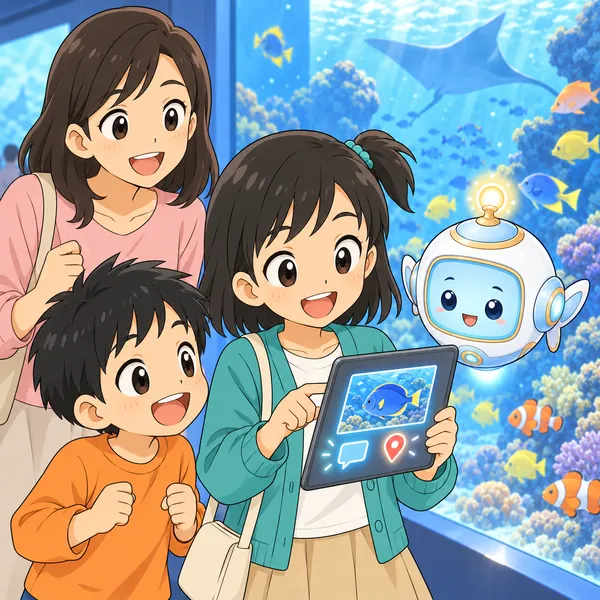ミオが、いま水族館にいると書いて送ろうとしている。