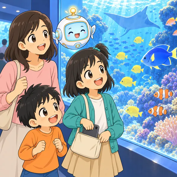 ミオが端末をしまい、母と弟と水そうを見上げて楽しんでいる。
