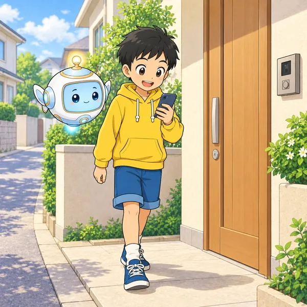 ハルが画面に夢中になったまま、家の玄関の前に帰ってきている。