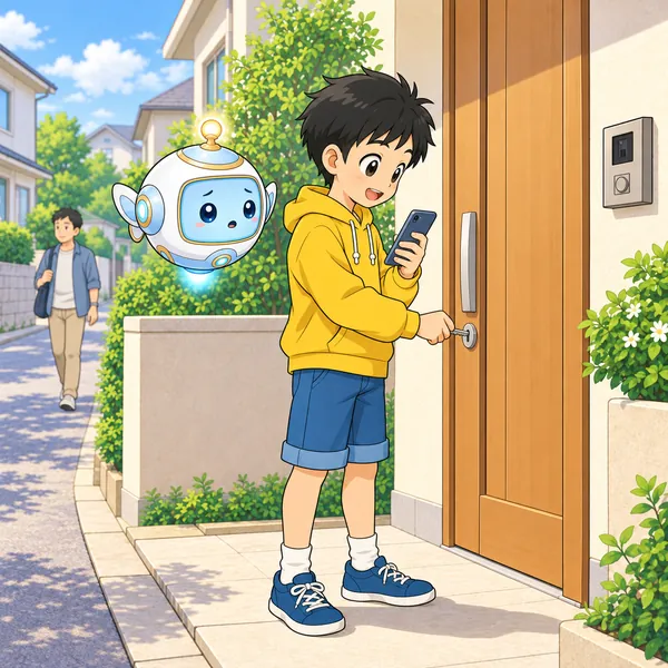 ハルが画面を見たまま鍵を開けようとしていて、はなれた道を大人が歩いている。
