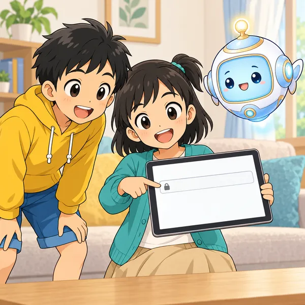 ミオがタブレットの入力欄のはしにある小さな鍵のマークを指さして喜び、ハルがのぞきこんでいる。