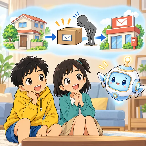 AIロボットが、中が見えない箱で手紙を運び、のぞこうとする影にも中が見えない絵をうかべている。