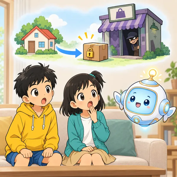 AIロボットが、鍵つきの箱があやしいお店にも届いてしまう絵をうかべ、ミオがはっとしている。
