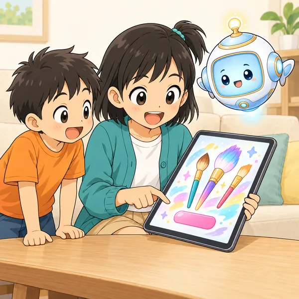 ミオがタブレットのお絵かきアプリで新しい筆のセットを見つけ、弟もそばで見ている。