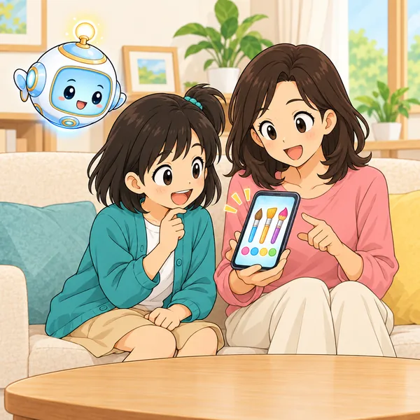 ソファでミオとお母さんがスマートフォンを見ながら話し合っている。