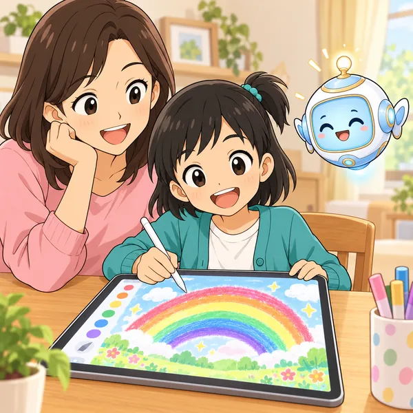 ミオが新しい筆でタブレットに虹の絵を描き、お母さんが笑顔で見ている。