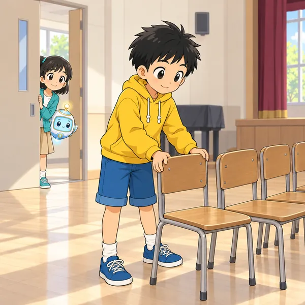 ハルが、だれも見ていない場所でいすを並べ直している