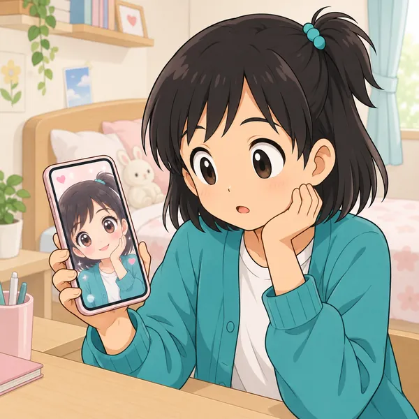 ミオが自分の部屋でスマホを持ち、画面には目を大きく肌をつるつるに加工された自分の顔が映っている