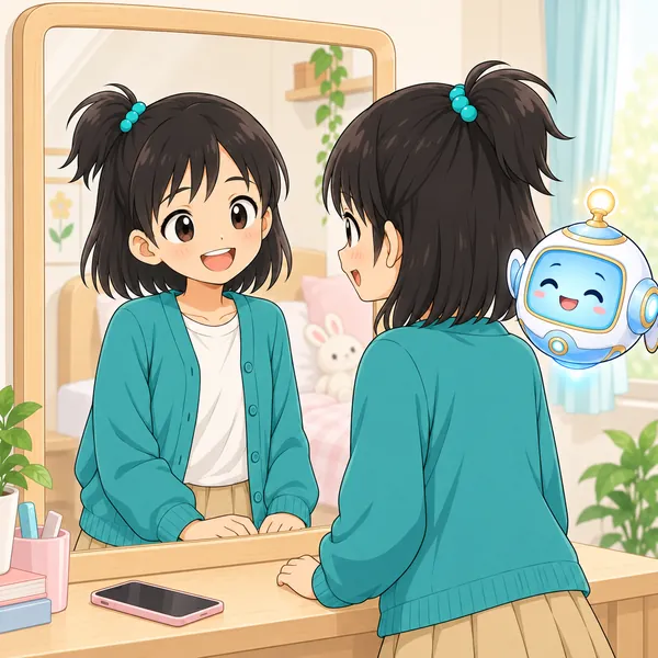 ミオが鏡の前で自然な明るい笑顔をしている