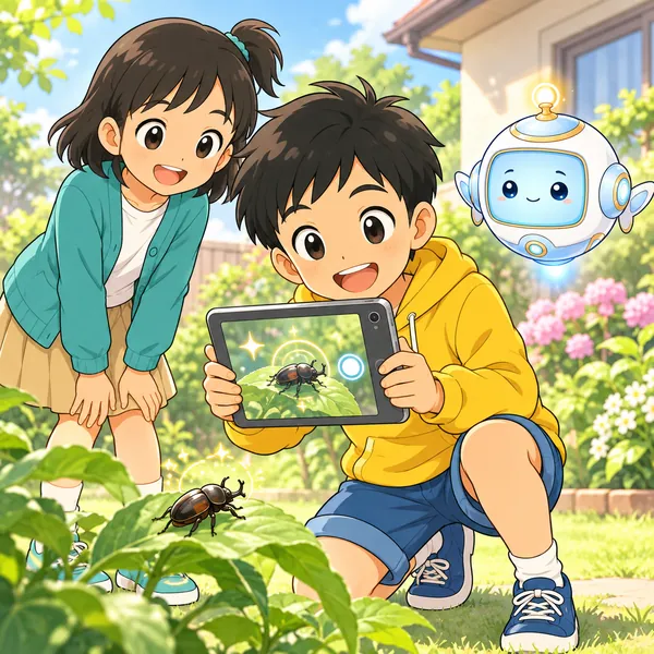庭で見つけた虫をタブレットで撮り、ハルがAIの答えを見て喜んでいる。