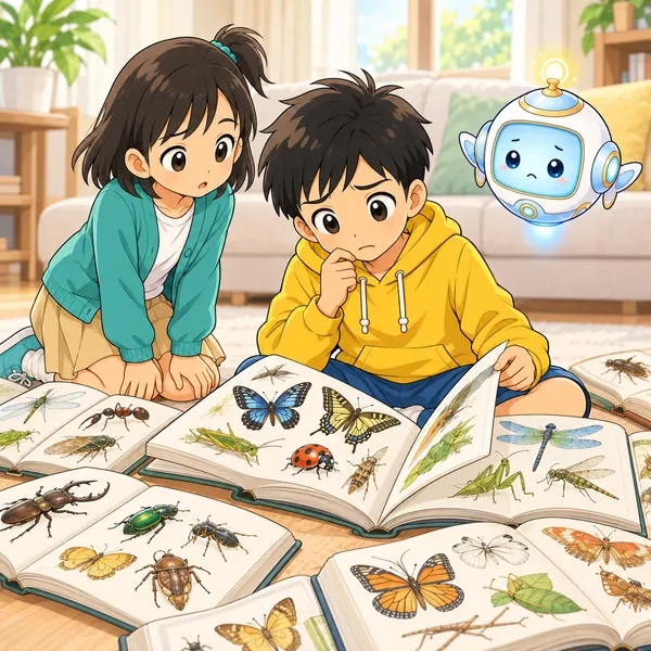 ハルが図鑑を何冊も広げても、同じ虫が見つからずに困っている。