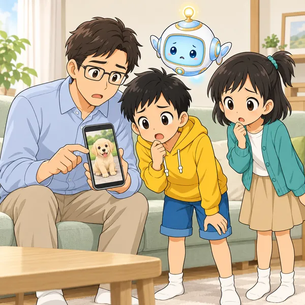 ハルが、父のスマホで迷子の犬の投稿を見て、心配そうにしている。
