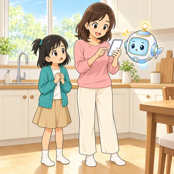ミオの母がスマホでメッセージを送ろうとしている。