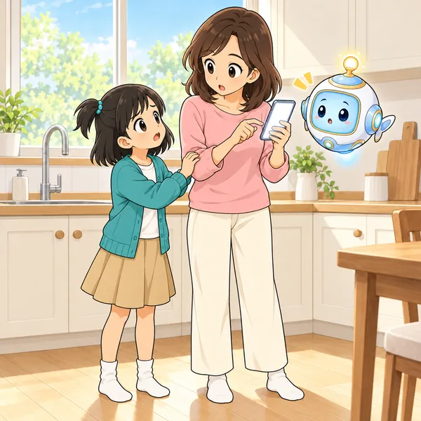 ミオが母のそでに手をそえて止めている。