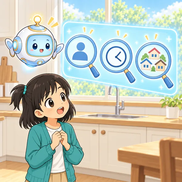 AIロボットが、人・時計・たくさんの家のマークを虫めがねで見る絵を見せている。