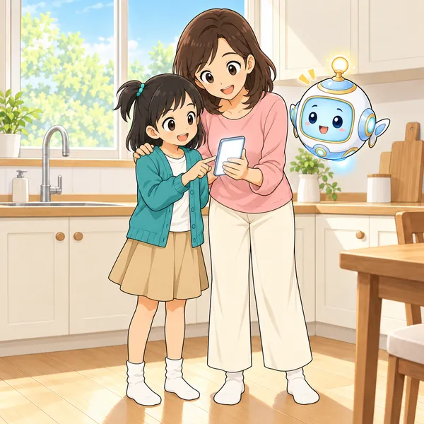 ミオと母がスマホをのぞいて、ほっとして笑っている。
